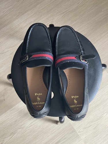 Polo Ralph Lauren Men's Black Leather Loafers Round Toe Buckle Stripe Logo
