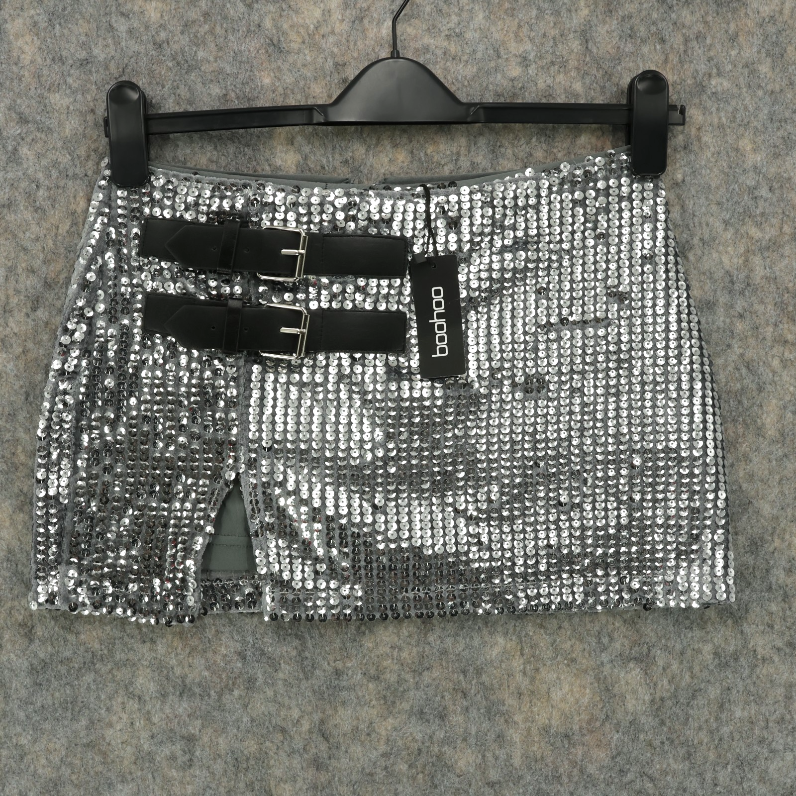 Boohoo Womens Petite Buckle Detail Sequin Mini Skirt Silver UK 10