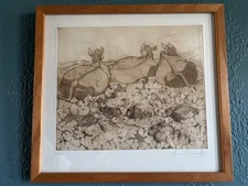 Anna Ravenscroft framed etching of cows & hares signed artist proof