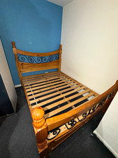 Single Wooden Bed Frame Slatted Base Metal Scrollwork Headboard Brown/Black