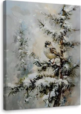 WODMIS Vintage Winter Bird Pine Tree Wall Decor Framed Canvas Wall Art, Farmhous