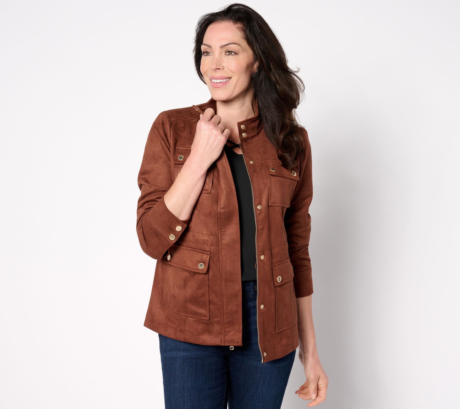 Isaac Mizrahi Live! Women's Jacket Sz L Estate Faux Suede Zip Front Brown