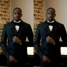 Prom Beaded Men Suits Black Wedding 2Pcs Shawl Lapel Banquet Jacket Tuxedo