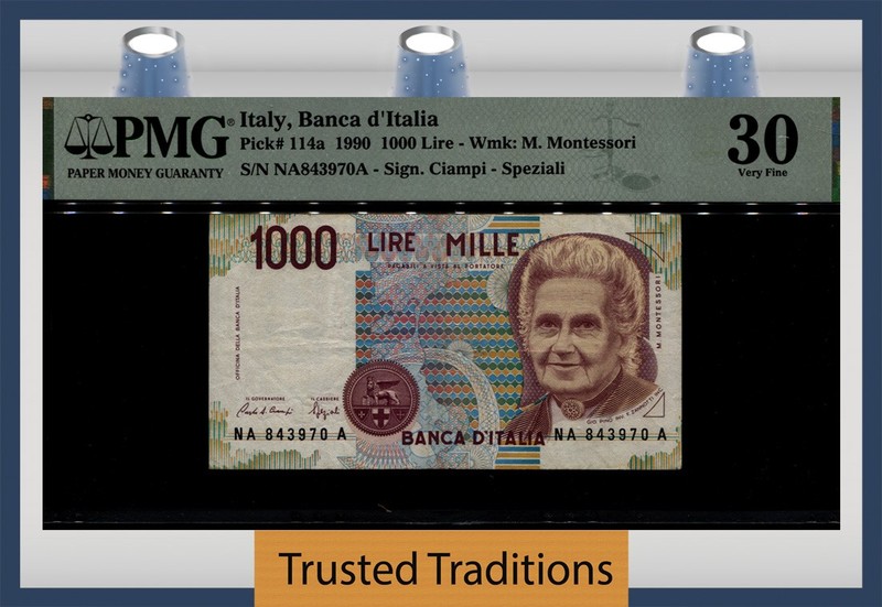 TT PK 114a 1990 ITALY BANCA D'ITALIA 1000 LIRE PMG 30 VERY FINE