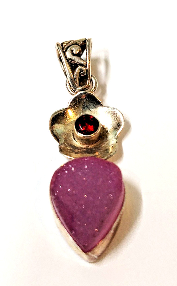 Sterling Silver Crystal Agate And Ruby Flower Pen… - image 2