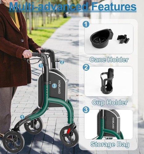 3 Wheel Walkers for Seniors, FSA/HSA Eligible Foldable Wheeled Rollator 1580L - Picture 4 of 5