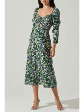 EUC Astr Ruched Sleeve Floral Midi Dress Green Purple XS