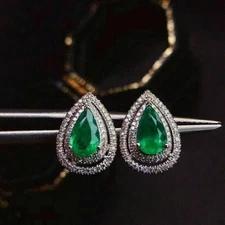 Lab Created Green Emerald 3Ct Pear Cut Halo Stud Earrings 14k White Gold Plated