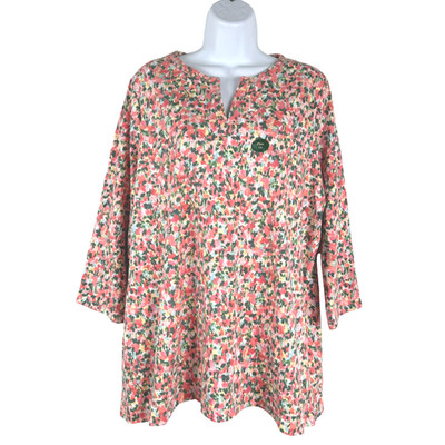 L.L. Bean Tee Shirt 1X Split Neck Tunic Floral 3/4 Sleeve Cotton NWT TP-3606
