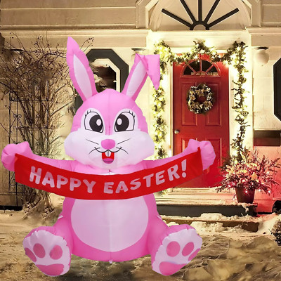 5FT Pink Inflatable Easter Rabbit Cute Bunny LED Lights Outdoor Garden Yard Deco