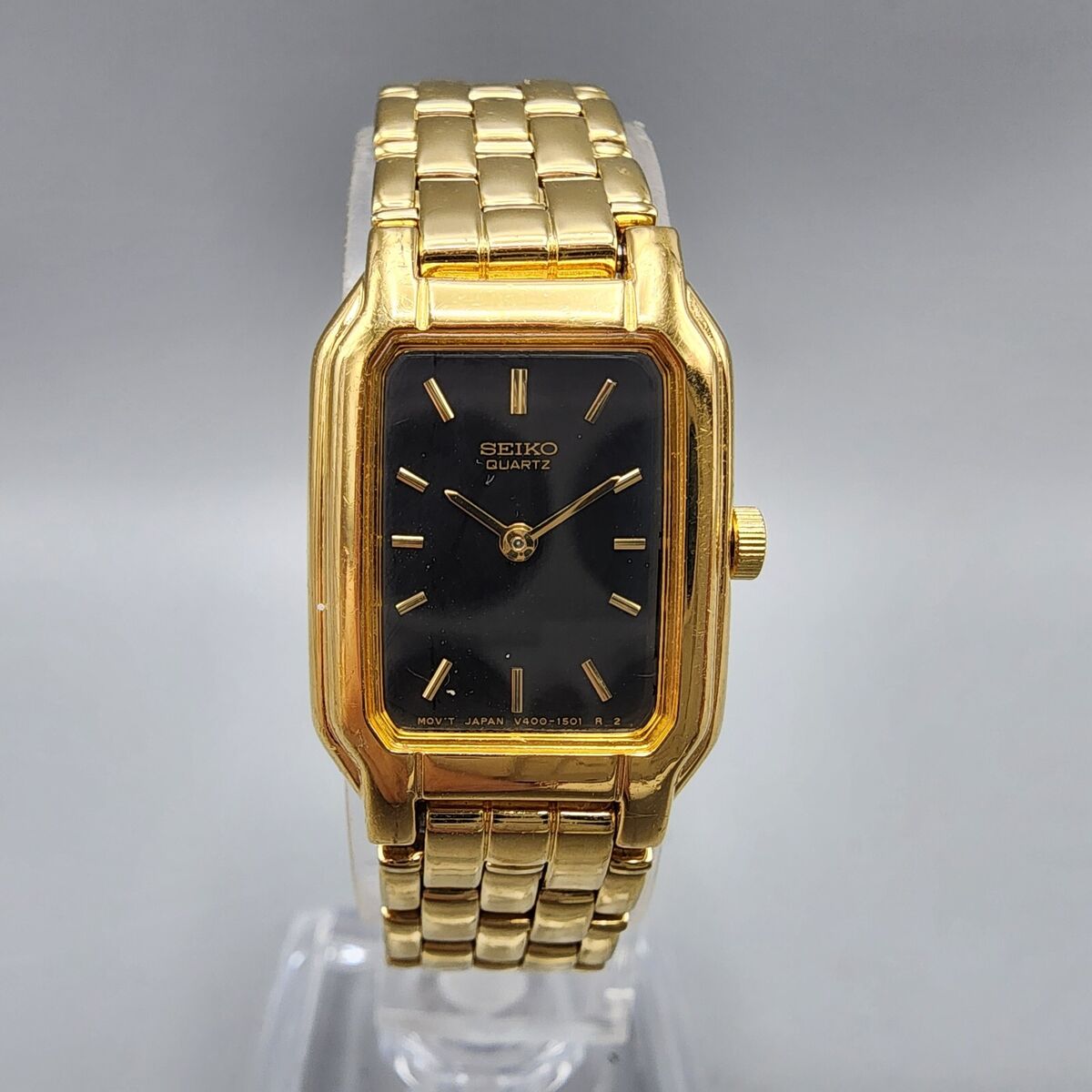VTG Seiko Watch Women 17mm Black Dial Gold Tone Rectangle VTG Seiko Watch Women 17mm Black Dial Gold Tone Rectangle