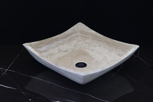 Travertine Square Vessel Bathroom Sink, Polished Limestone, Small Beige Sinks - Picture 7 of 7