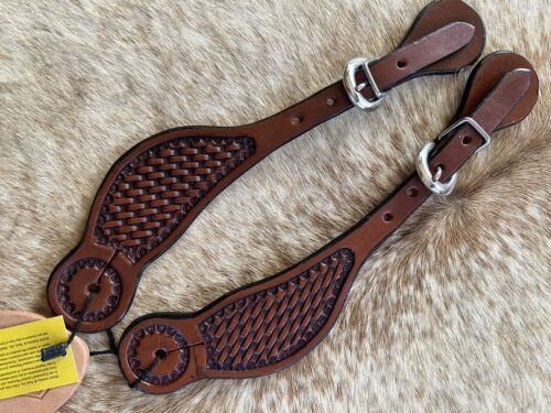 Pair Adult Size Dark Oil Western Basketweave Tooled Spur Straps