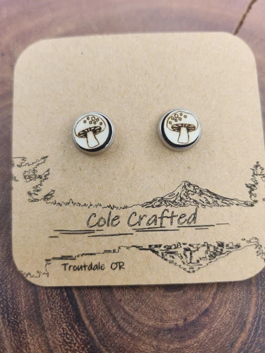 Mushroom Earrings Wood Handmade 8mm Bezel Set Toadstool Fairy Boho Jewelry 