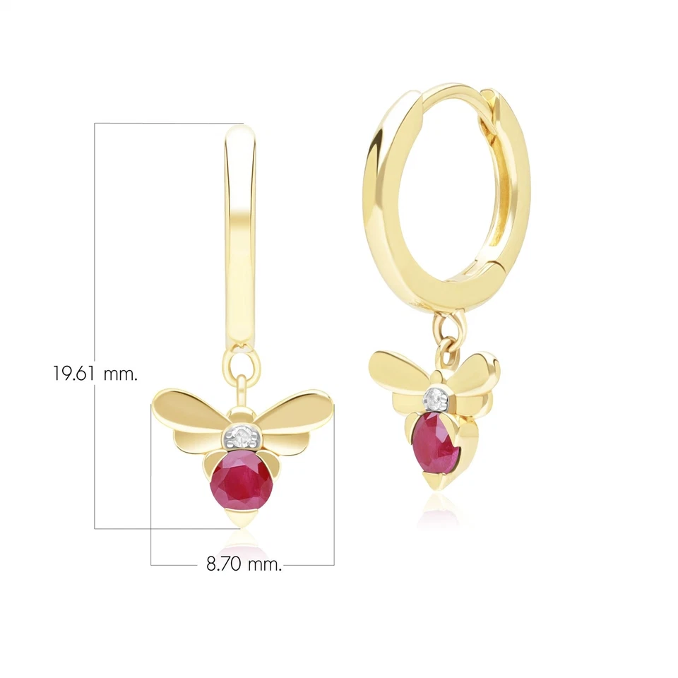Honeycomb Inspired Ruby and Diamond Bee Hoop Earrings in 9ct Yellow Gold - Image 4 of 4