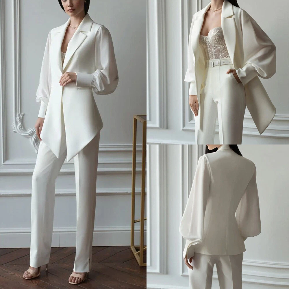 Ivory Women Suits Slim Fit Puff Sleeves Jacket Formal Business Party Blazer Sets - Picture 1 of 11