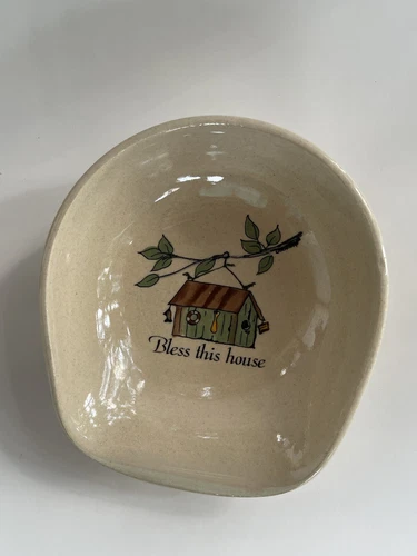 Vtg Yesteryears Pottery Marshall Texas "Bless this house" Ceramic Spoon Rest  