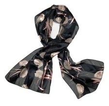 Vintage Silky Polyester Scarf Head Wrap Black Floral Print Motif 13 X 56”