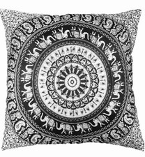 Indian cushion covers Black White Elephant Mandala Square Pillow Boho 16" x 16"