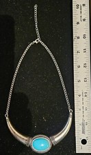 Bib Style Faux Turquoise Necklace Cabochon Silver Tone