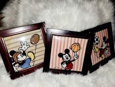 VINTAGE RARE DISNEY 3 Framed Picture Set Mickey Mouse Wall Decor SPORTS FABRIC