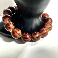 Chocolate Brown Round Beads Stretch Bracelet Black Markings Boho Festival