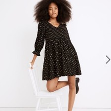Madewell Lucie V-Neck Smocked Mini Dress Polka Dot Black Tan XS Ruffles Viscose