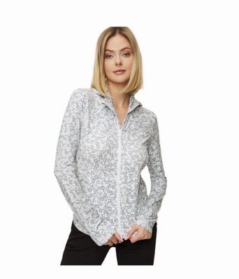 G/Fore Womens Floral Hooded  Full Zip Jacket Top Size M White Grey Golf GFore