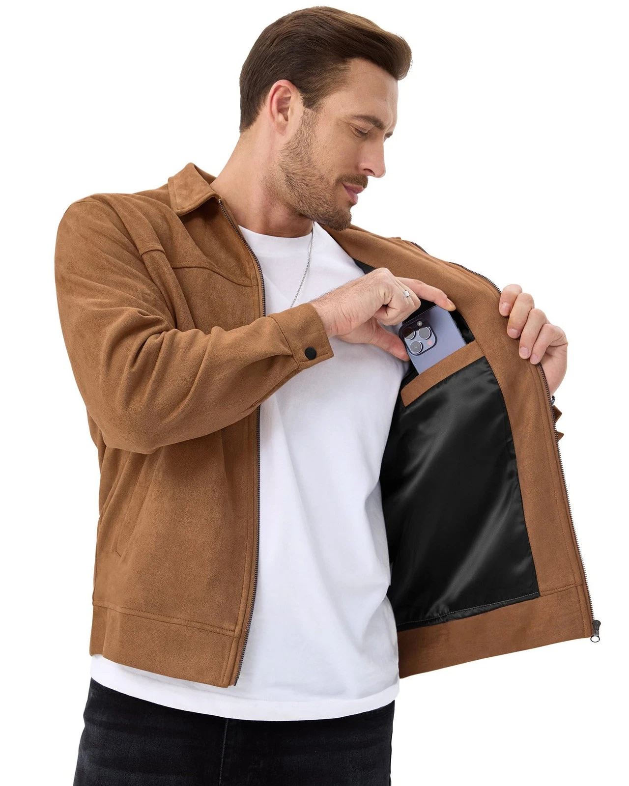 Men's Suede Bomber Jacket Casual Soft Lightweight Leather Jacket Light Brown image 2