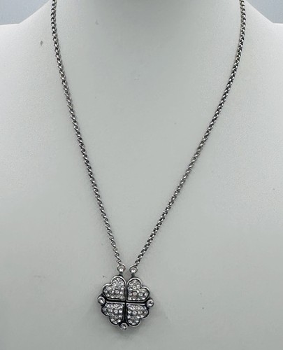 Brighton Crystal Four Leaf Clover Heart Necklace Adjustable 14-20” Silver Tone