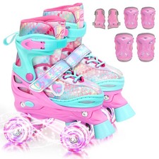 Kids Roller Skates: 4 Size Adjustable Quad Skates with Light Up Wheels for 5-...