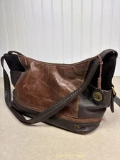 Handbag THE SAK Kendra Brown Leather Patterned Shoulder Bag w/ Pockets & Accents