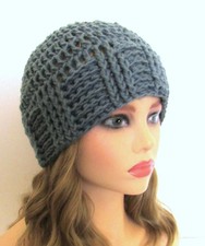 CLASSIC BEANIE HAT CAP CHEMO TEXTURED EDGE MEDIUM BLUE HANDMADE CROCHET