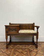 Vintage Carved Oak Telephone Seat  Gossip Bench Table With Cupboard HP Hill & Co