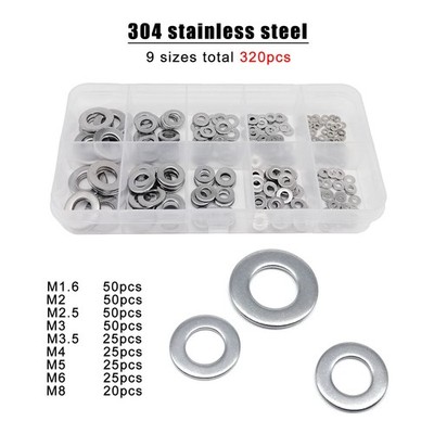320pcs M1.6-M8 DIN912 GB97 304 Flat Washer Assortment Plain Gasket Ring Pad Set