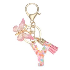 Alphabet Initial Letter Keychain Cute Charm with Tassel Butterfly Letter Y Pink