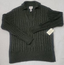 NWT St. John's Bay Sweater Women's L Oregano Green Cable Knit Collared Pullover