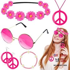 6 Pcs Hippie Costume Accessories Set, Boho Peace Sign Daisy Flower Rose Red