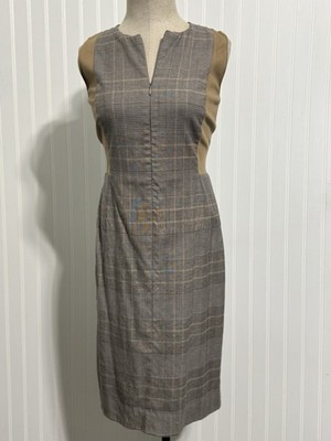 Akris Punto US 4 Wool Blend Plaid Sheath Dress Sleeveless Tan Panel Quiet Luxury
