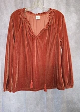 Cozy Co Velvet/Velour Rust Orange Ruffled Neckline W/ Tassel Peasant Top  Size M