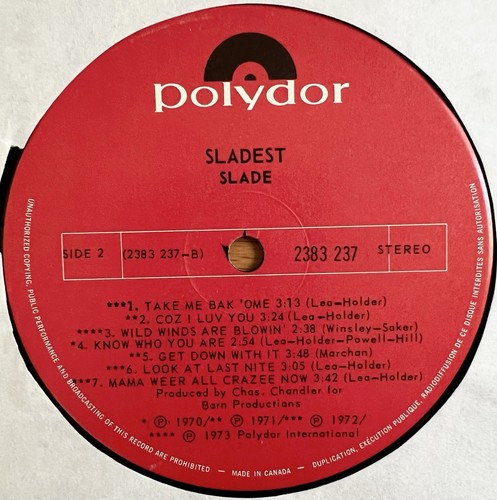 Slade –Sladest (Best)-LP-original 1973-Polydor–2383 237-1st Can Press-BONUS 7" - Picture 10 of 12