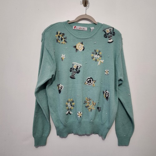 Vtg 80s Chaus Large Mint Sweater Embroidered Pearl Beads Shoulder Pads...