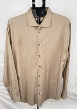Calvin Klein Slim Fit Dress Shirt Mens 18 36/37 Tan Check Stretch Button Front