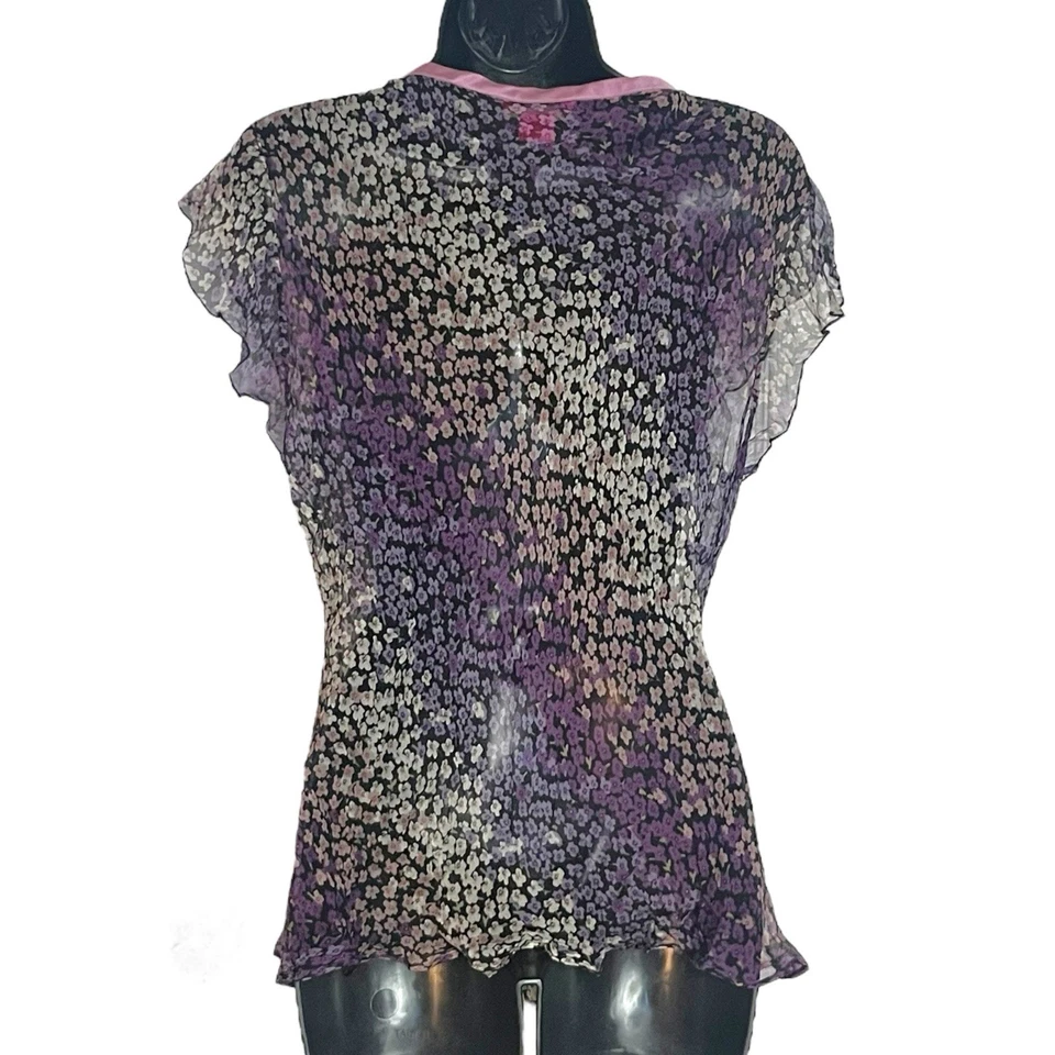 BLUSA DE SEDA TRANSPARENTE SUNNY LEIGH Y2K DE COLECCIÓN TALLA XL HADA PÚRPURA NEGRA FLORAL CAPRICHO Foto 4 de 4