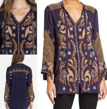 Johnny Was Minerva Heavily Embroidered Floral Top Button Up Blue Small 260