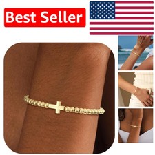 Dainty Handmade Beaded Stretch Bracelet with Cross Charm - Elegant Gift for Her