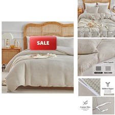 WARMDERN Waffle Weave Khaki Duvet Cover King Size 3-Piece