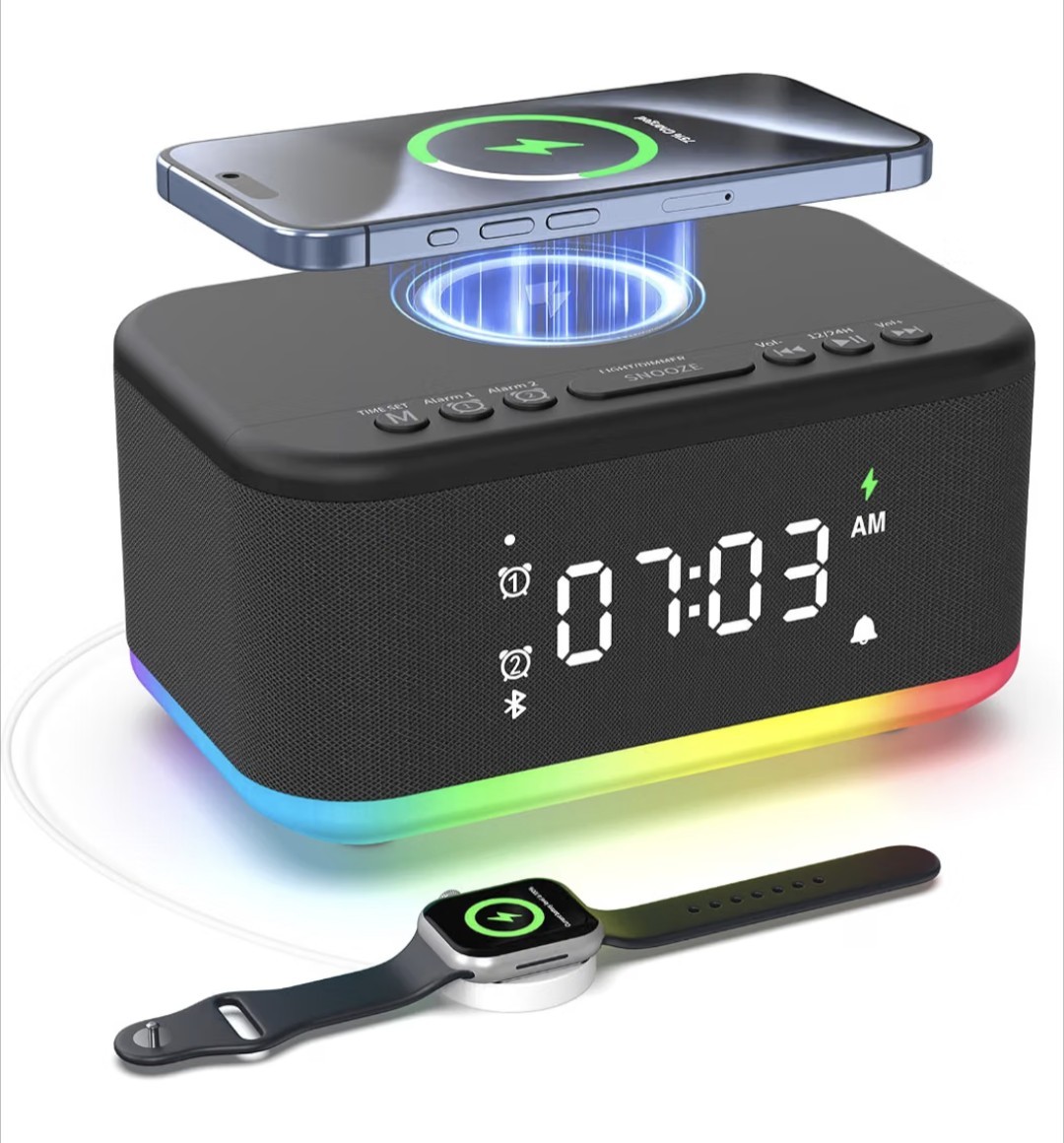 Wireless Charging Alarm Clock, Digital Bluetooth Speaker W/ AUX USB Night Light