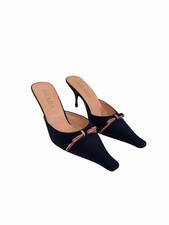 Prada Vintage Navy Satin Bow Mules Heels Pointed Toe Kitten Heel Slides 39.5