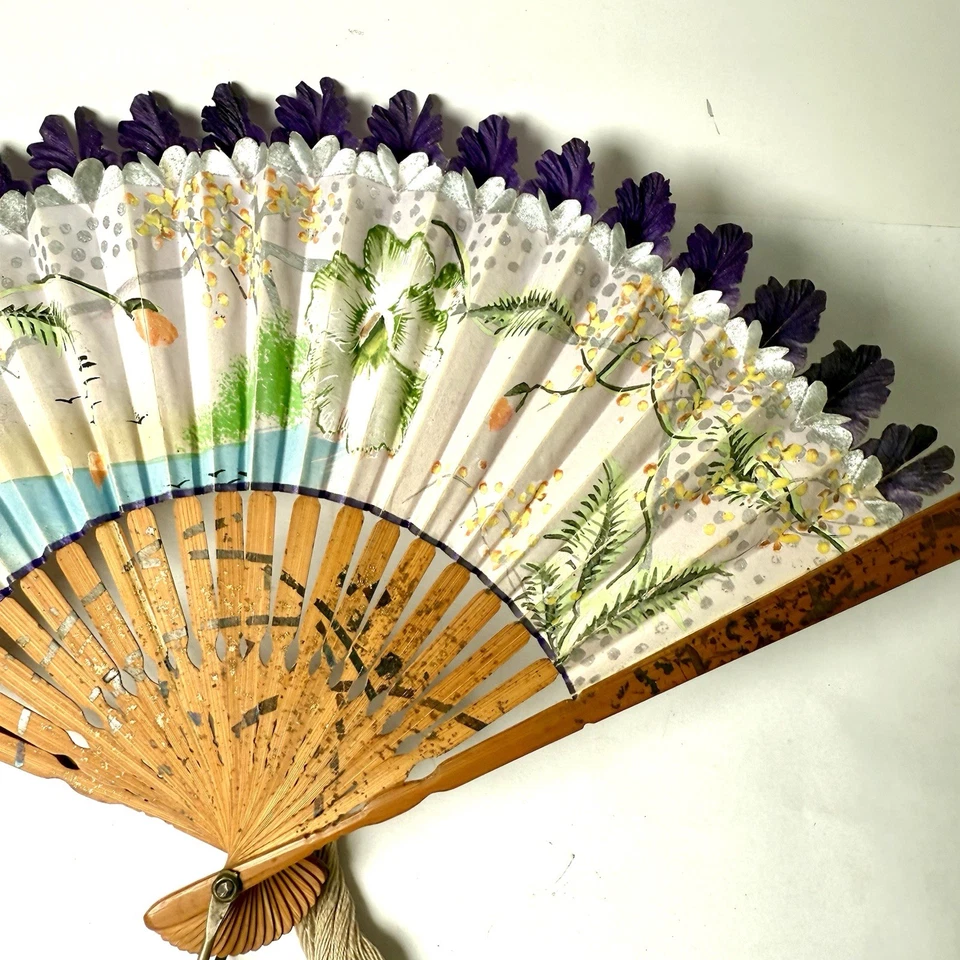 古董日本折叠巧妙彩绘纸风扇 Sensu 竹双面 — 第 3/4 张图片